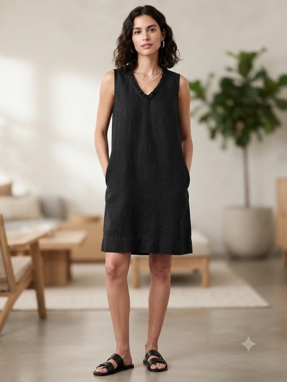 Briggs New York Black Sleeveless Linen Blend V-Neck Mini Dress Size Small